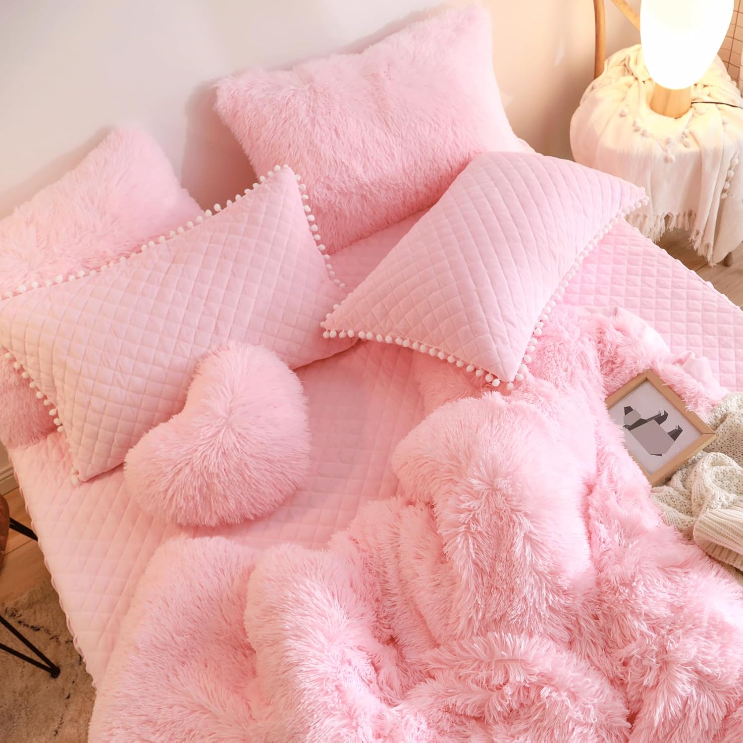 Fluffy Pink Duvet Cover Twin Set with Furry Pillowcases