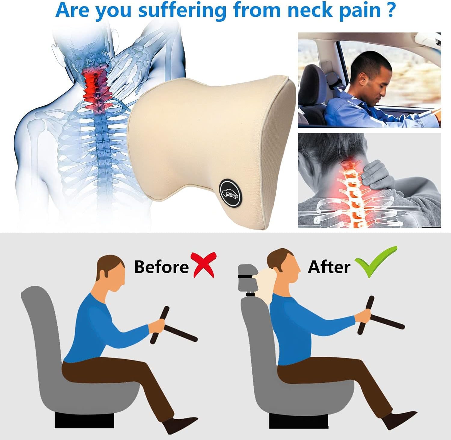 ICOMFYWAY Car Neck Pillow for Neck Pain Relief and Comfort