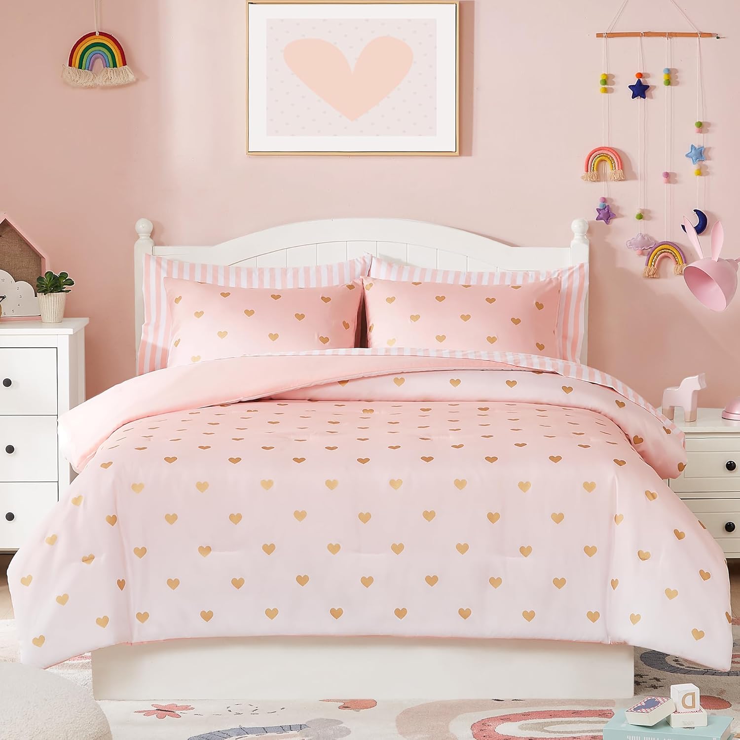 Wink Deer Pink Gold Heart Twin Comforter Set