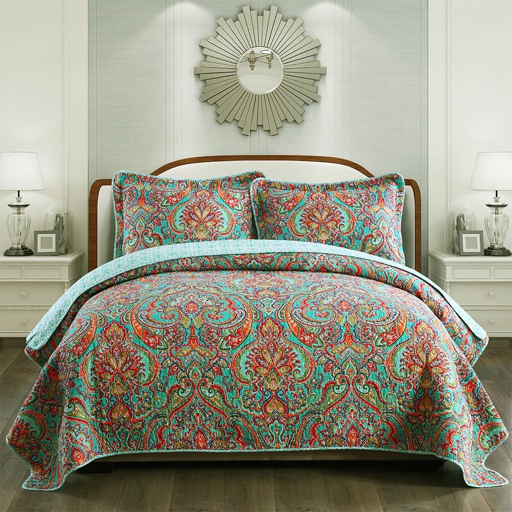 NEWLAKE Reversible Patchwork Quilt Set King Size Cotton