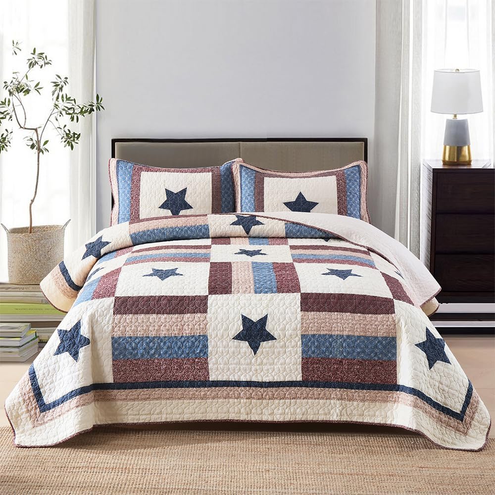 VISIMISI Cotton Bedding Quilt Set 3 Pieces Reversible Star Pattern