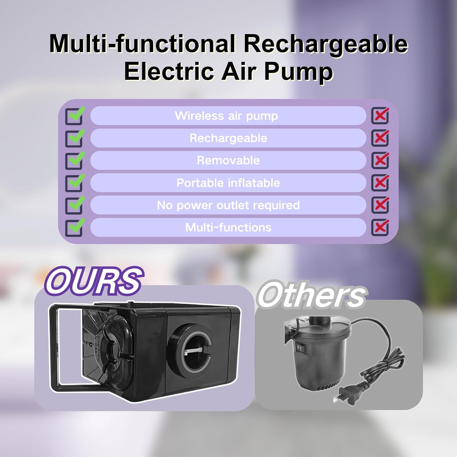 HikerSKY Queen Air Mattress with Wireless Pump 22 Inch Purple