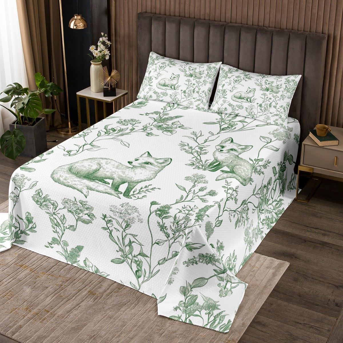 Erosebridal Kids Fox Quilt Set with Botanical Leaves Flowers