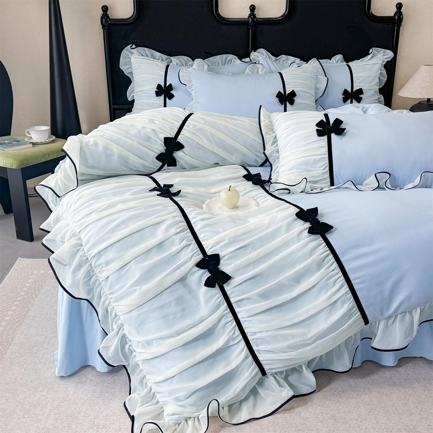 SOUKECHY Princess Pink Ruffle Duvet Cover Set with Bowtie