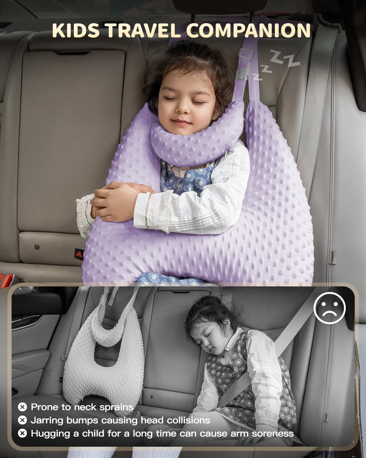 Memory Foam Kids Travel Pillow with Velvet Dots and Adjustable Straps