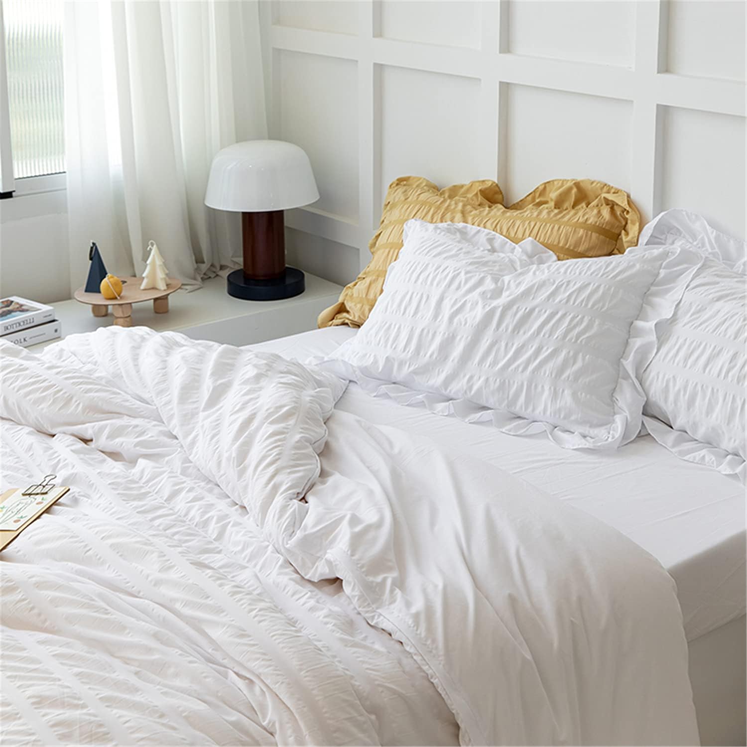 White Ruffled Duvet Cover Set 3 Piece Queen Seersucker Textured Stripe