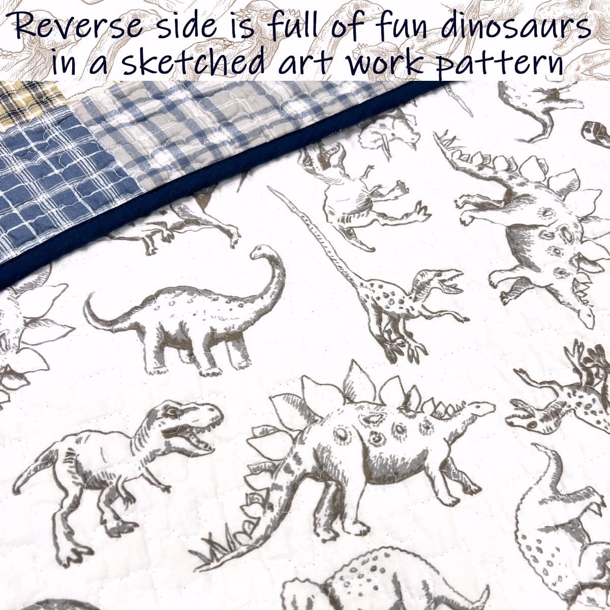 Cozy Line Benjamin Dinosaur Plaid Quilt Set Twin 2 Piece