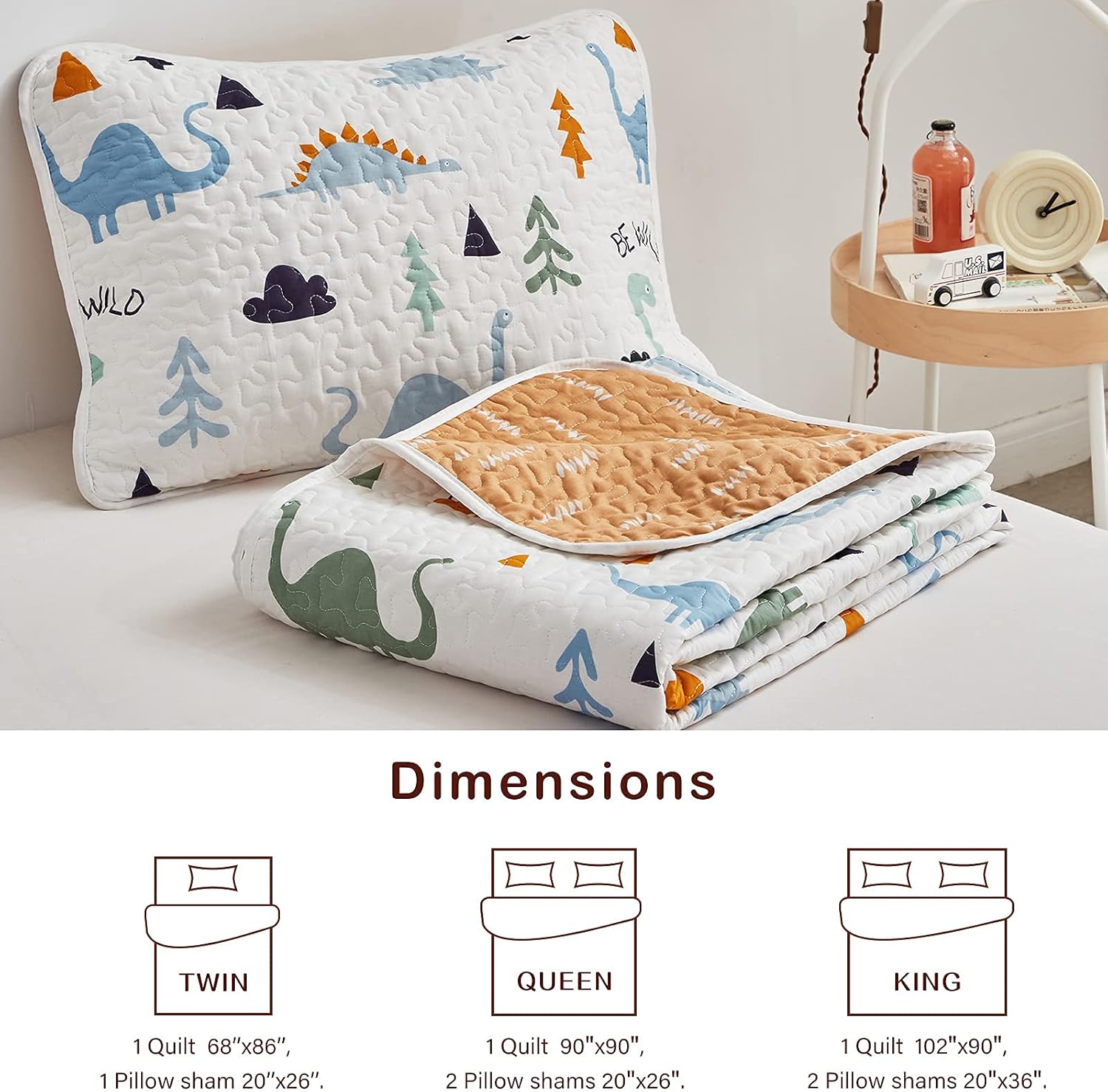 Joyreap 2-Piece Cotton Quilt Set Twin Dinosaur Reversible Design