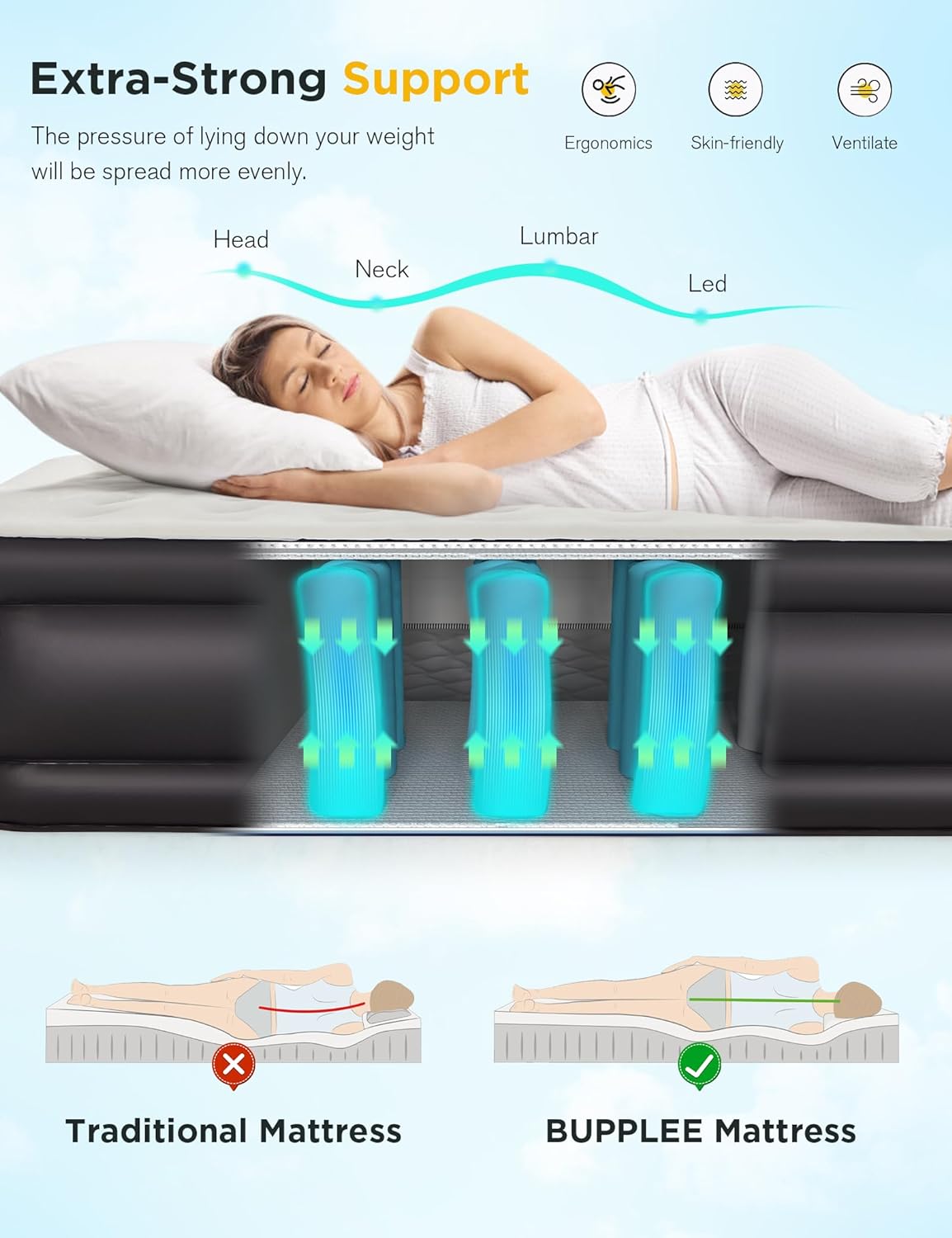 BUPPLEE 20 Queen Air Mattress with Built-in Pump - 600 lbs Support