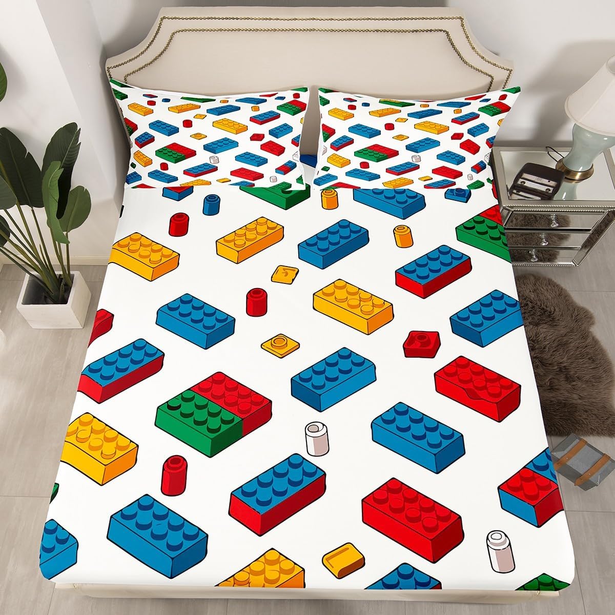 Feelyou Building Blocks Fitted Sheet Twin Size Kids Toy Bedding Set