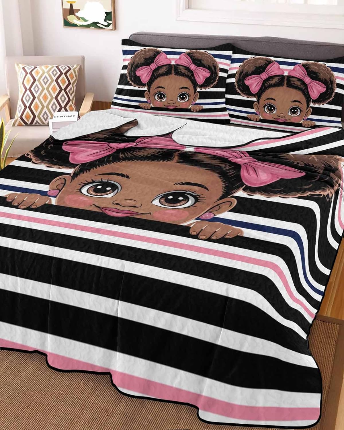 Stongaro Quilt Twin XL Black Pink Stripes Set