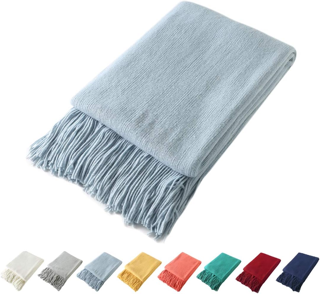 Homiest Light Blue Knitted Throw Blanket with Fringe 1