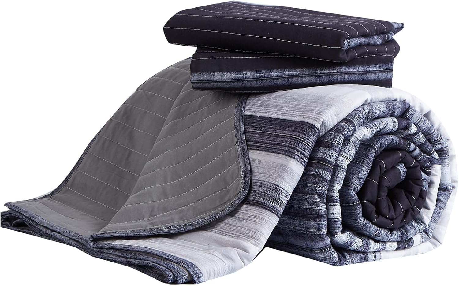 KAKIJUMN Queen Quilt Set with 2 Pillow Shams Black White Grey Striped Bedding