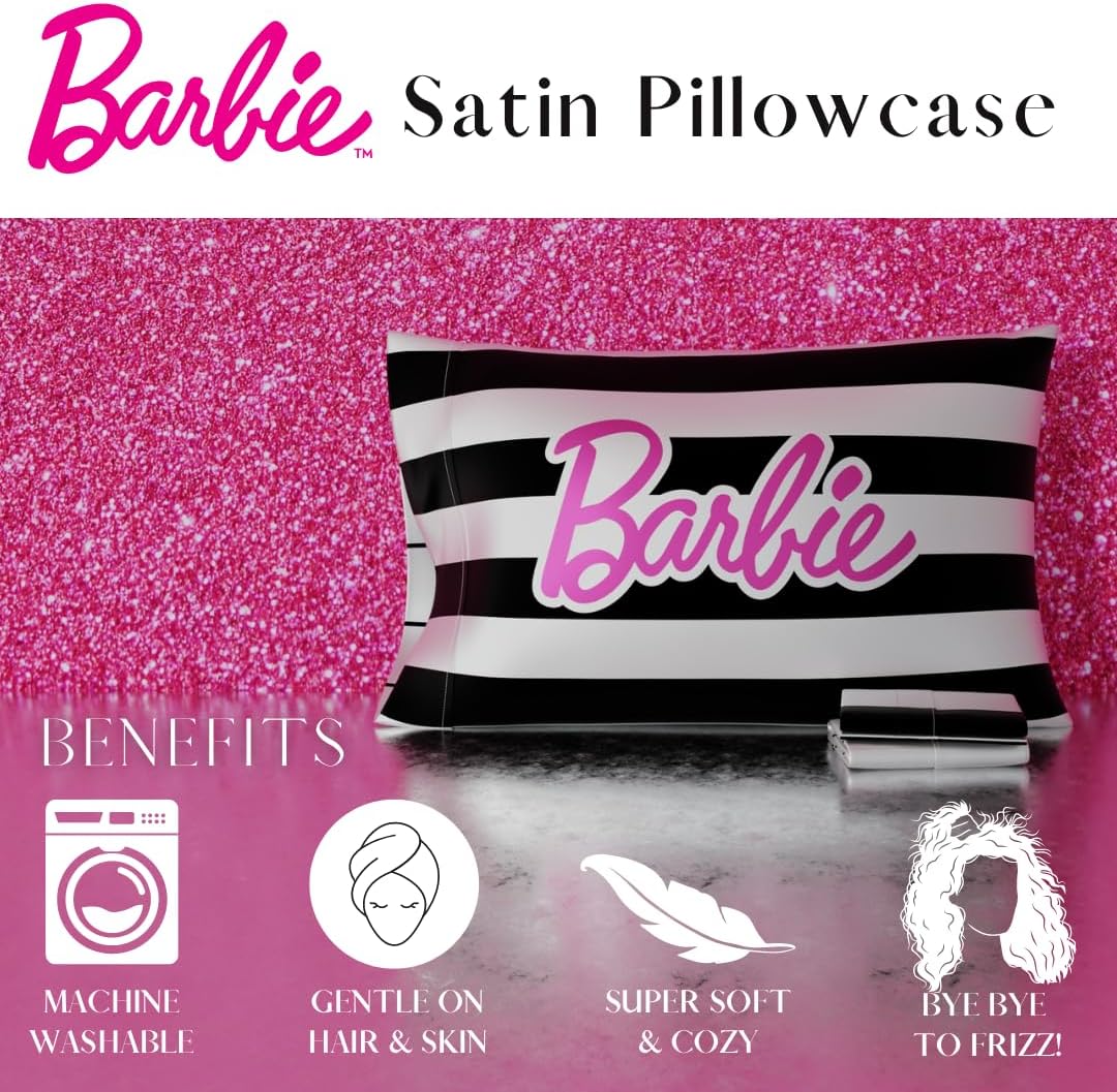Franco Collectibles Barbie Black White Striped Pillowcase 20x30