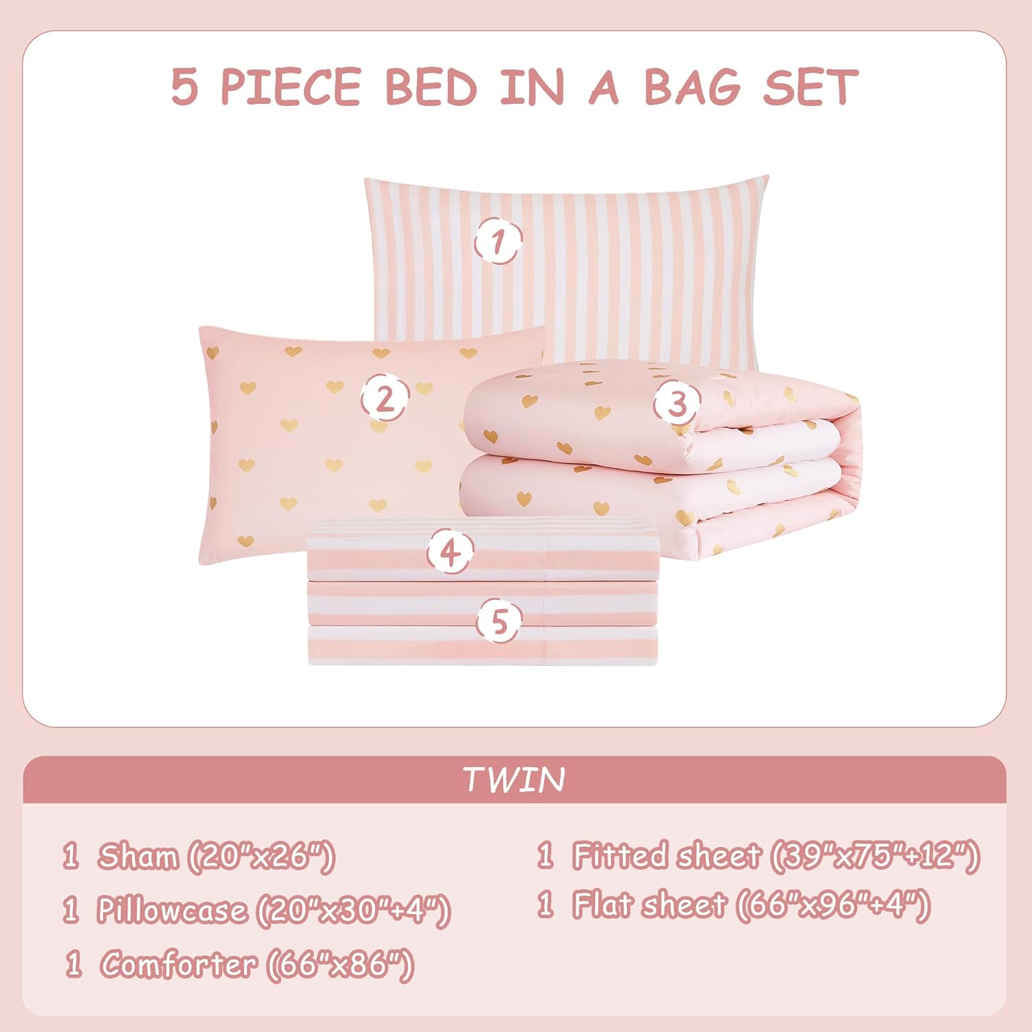 Wink Deer Pink Gold Heart Twin Comforter Set