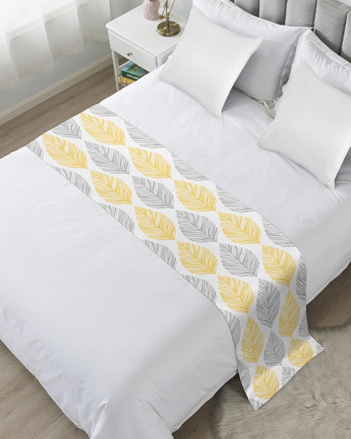 Minimalist Yellow Grey Leaf Bed Runner Scarf Set