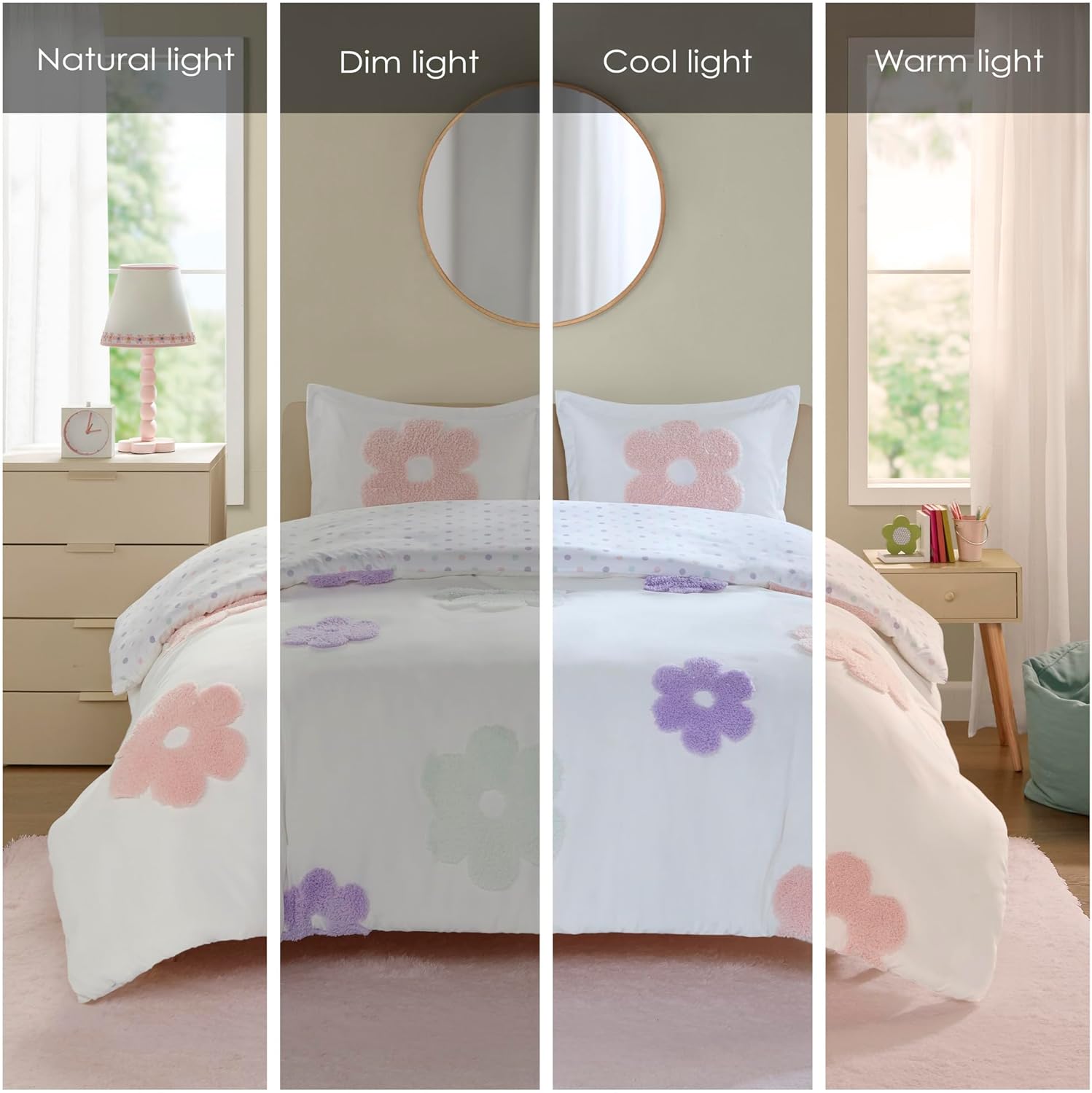 Queen Duvet Cover Set for Girls - Floral Polka Dot Reversible