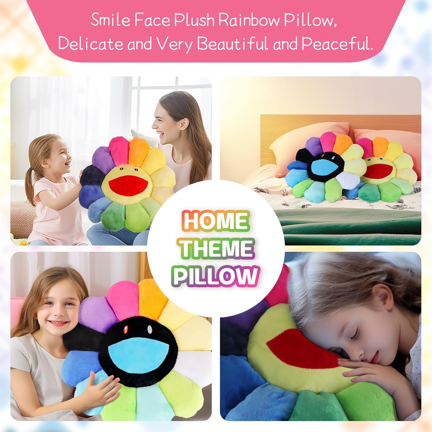 SNEPOO Smile Face Plush Rainbow Pillow - 40cm Black and White