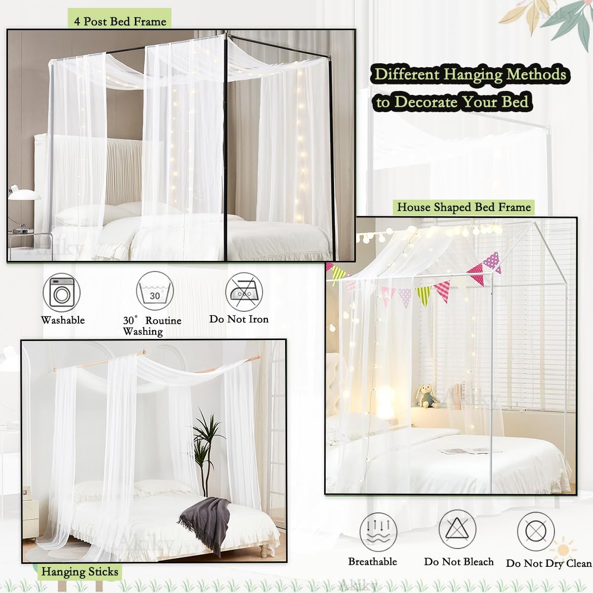 Akiky Canopy Bed Curtains with Round LED Light