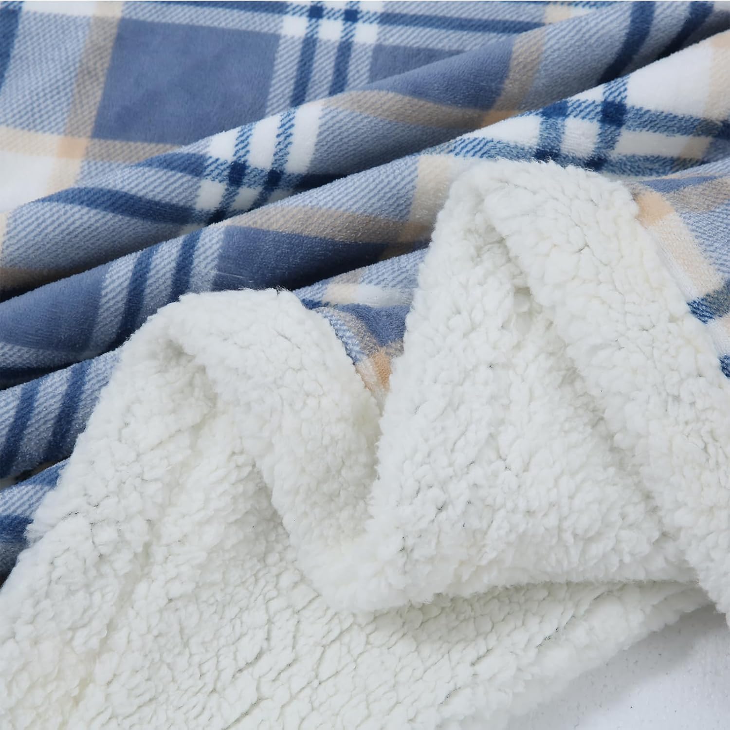 PU MEI Sherpa Blanket Queen Plaid - Blue White Check