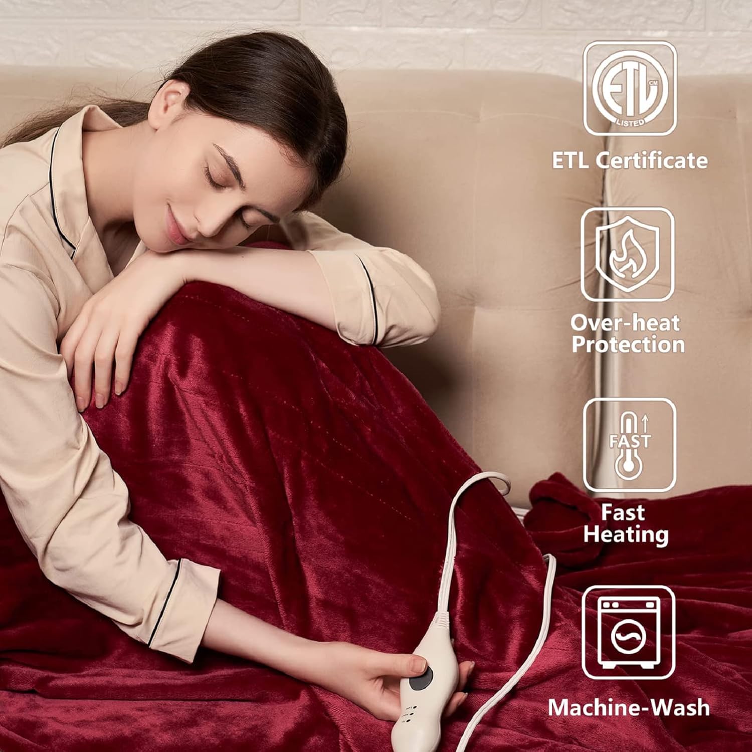 Tefici Electric Heated Blanket Throw with 3 Heat Levels and 4hr Auto Off