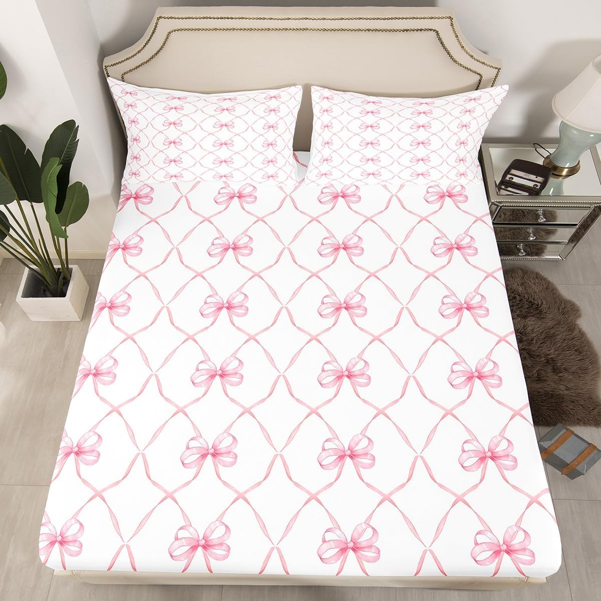 Erosebridal Pink Bow Knot Bed Sheet Set for Kids