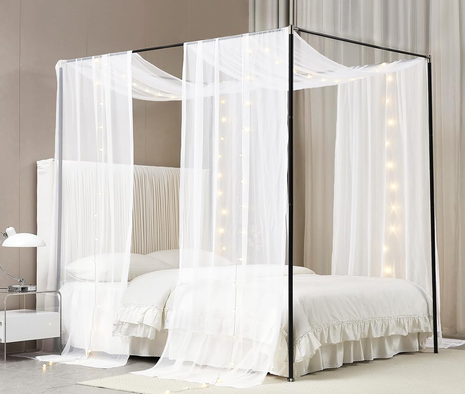Akiky Canopy Bed Curtains with Round LED Light