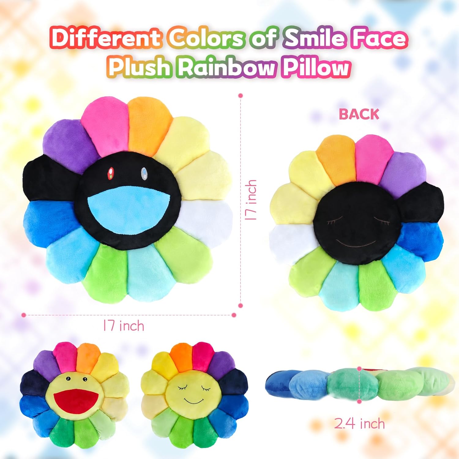 SNEPOO Smile Face Plush Rainbow Pillow - 40cm Black and White