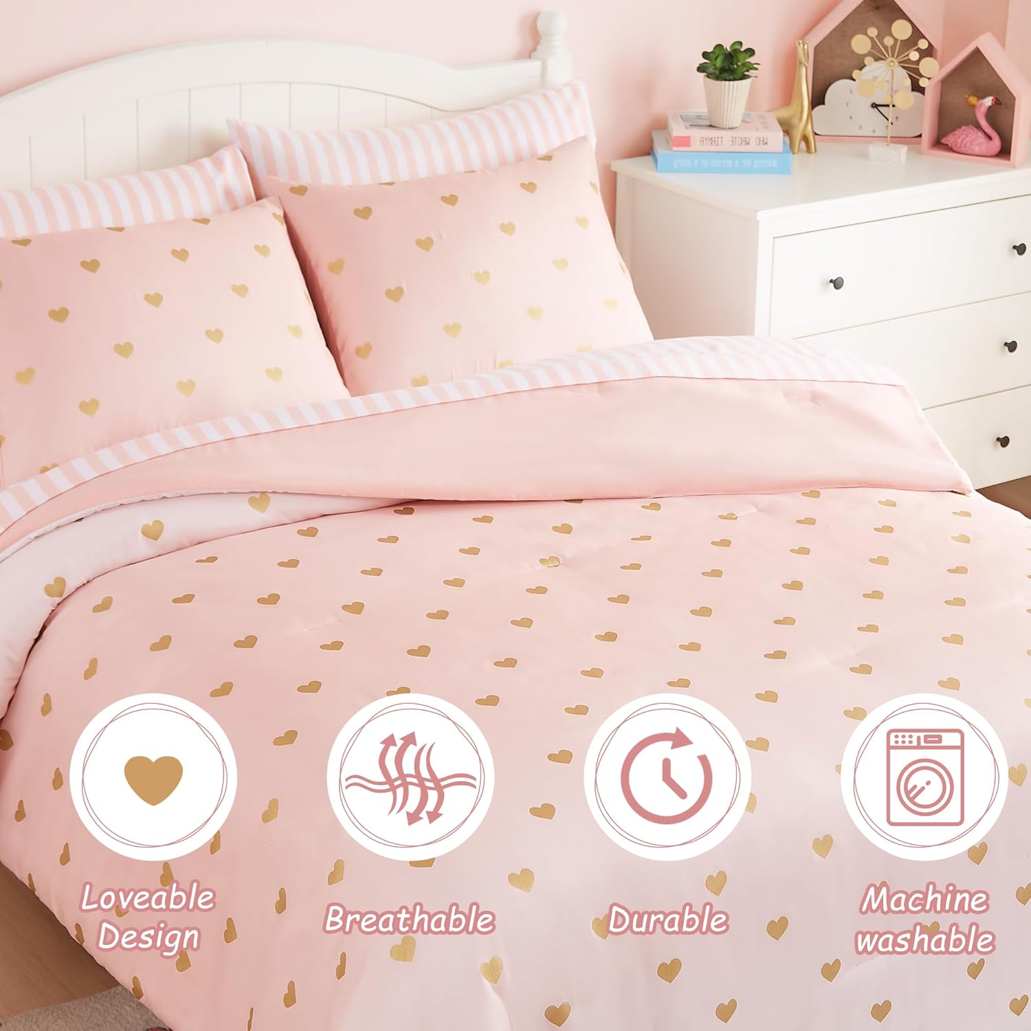Wink Deer Pink Gold Heart Twin Comforter Set