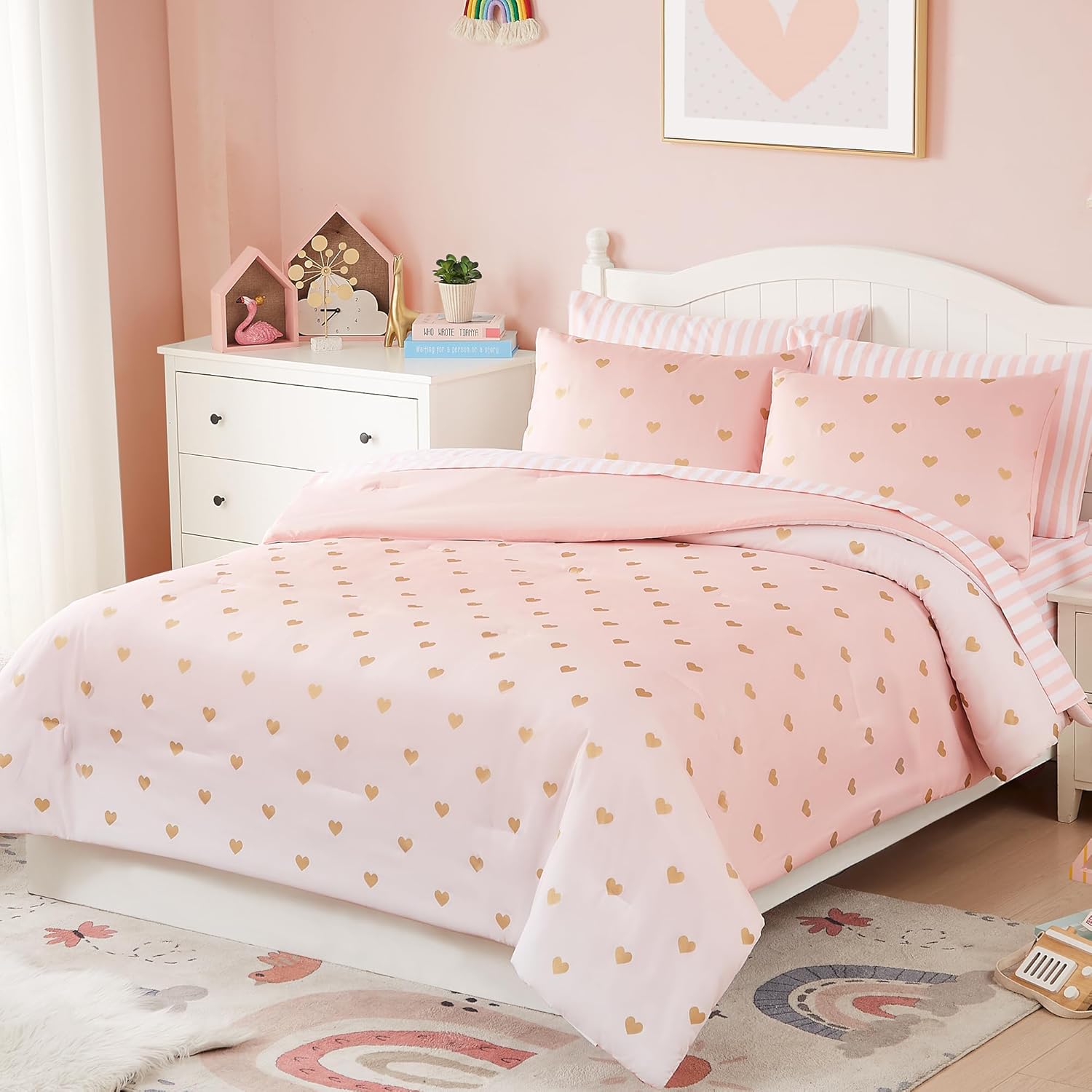 Wink Deer Pink Gold Heart Twin Comforter Set
