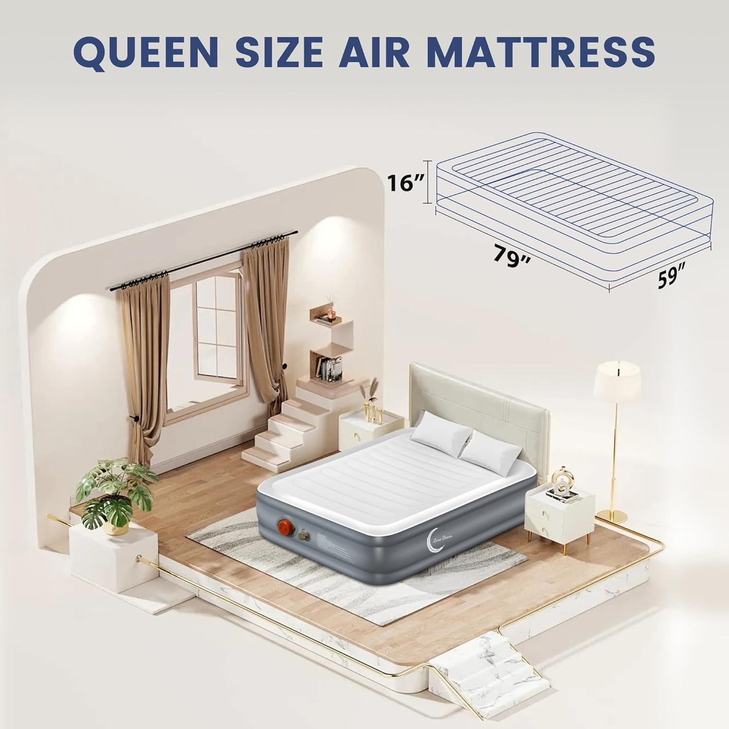 LunaDream Eclipse Series Queen Air Mattress with USB Pump 1