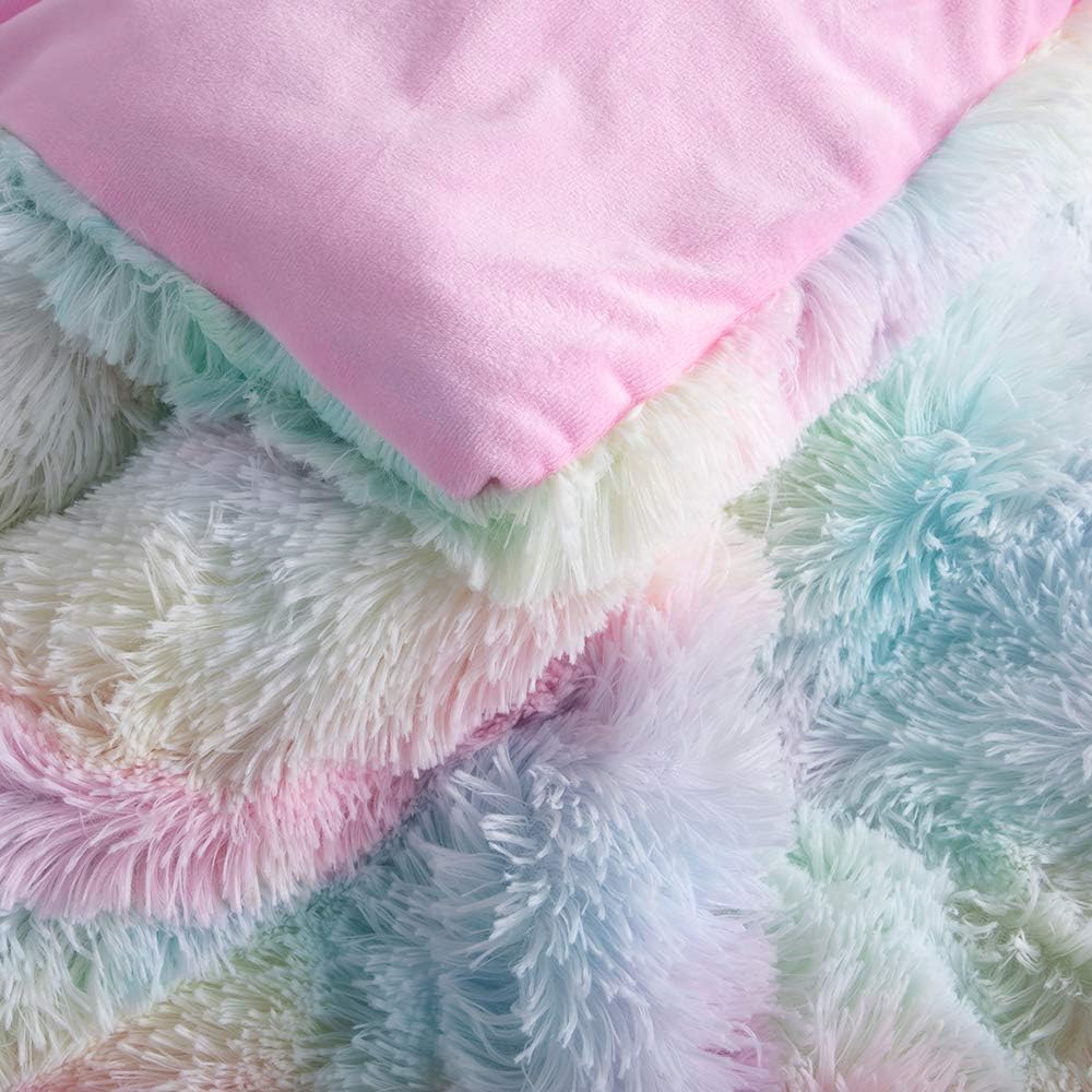 Wajade Faux Fur Rainbow Comforter Set - 3PC Fluffy Shaggy Bedding