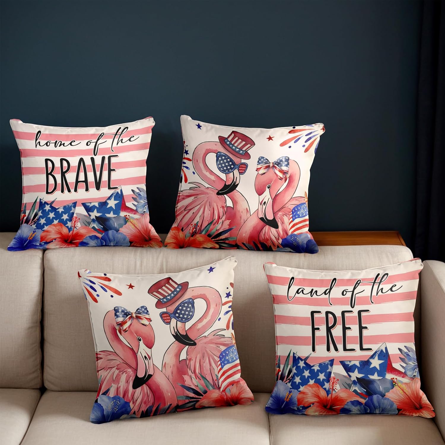 Lofaris Patriotic Flamingo Throw Pillow Covers Set of 4 1