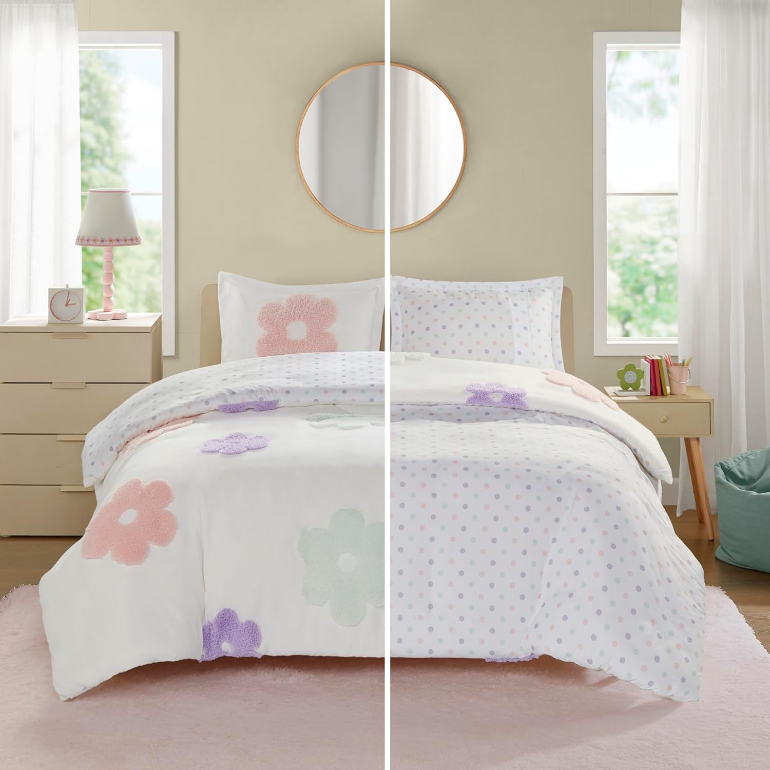 Queen Duvet Cover Set for Girls - Floral Polka Dot Reversible