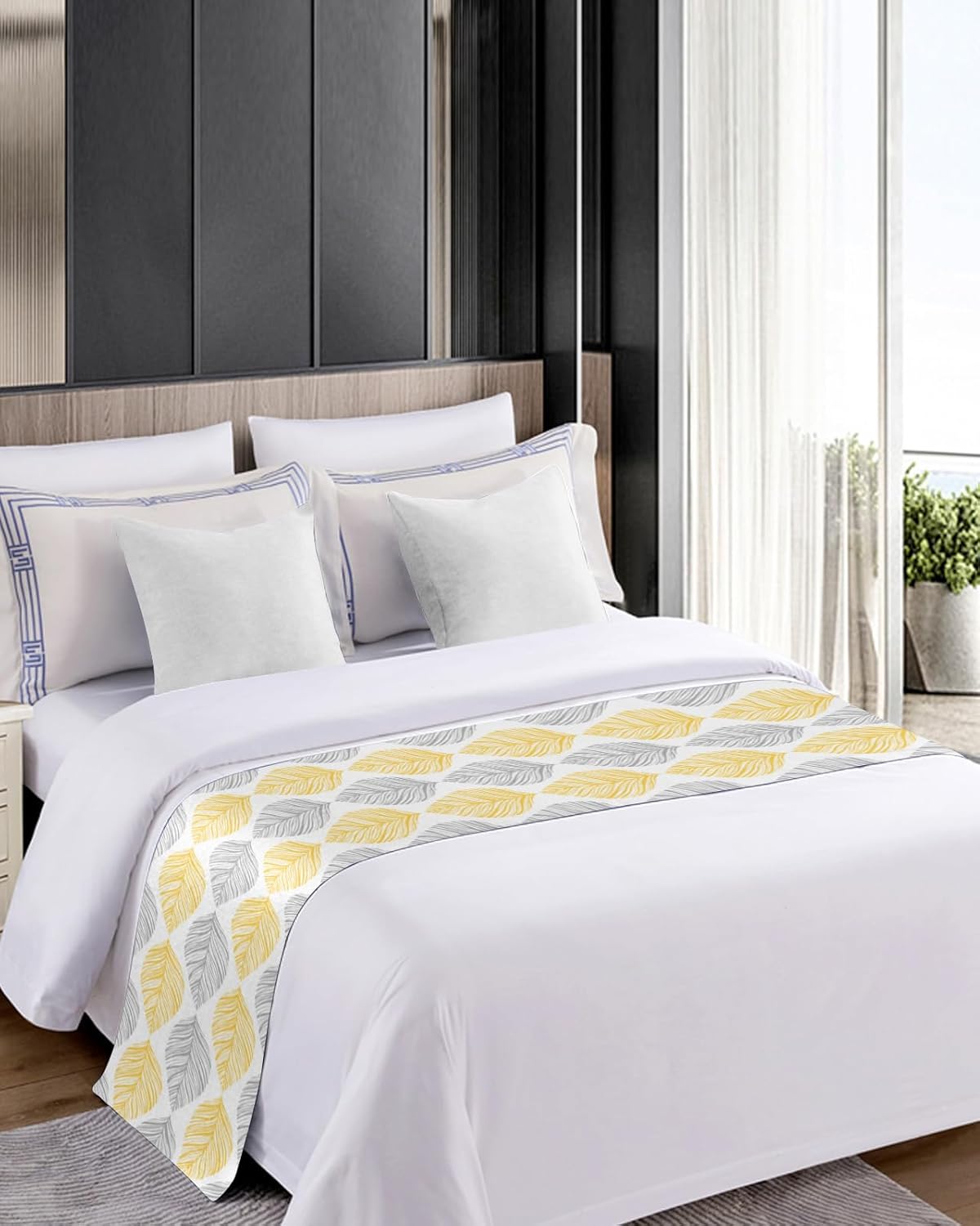 Minimalist Yellow Grey Leaf Bed Runner Scarf Set