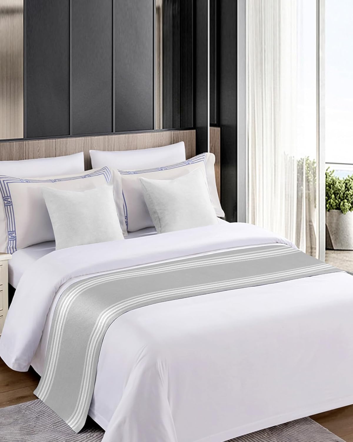 Ldtrchee Bed Runner King Size Satin Grey Striped