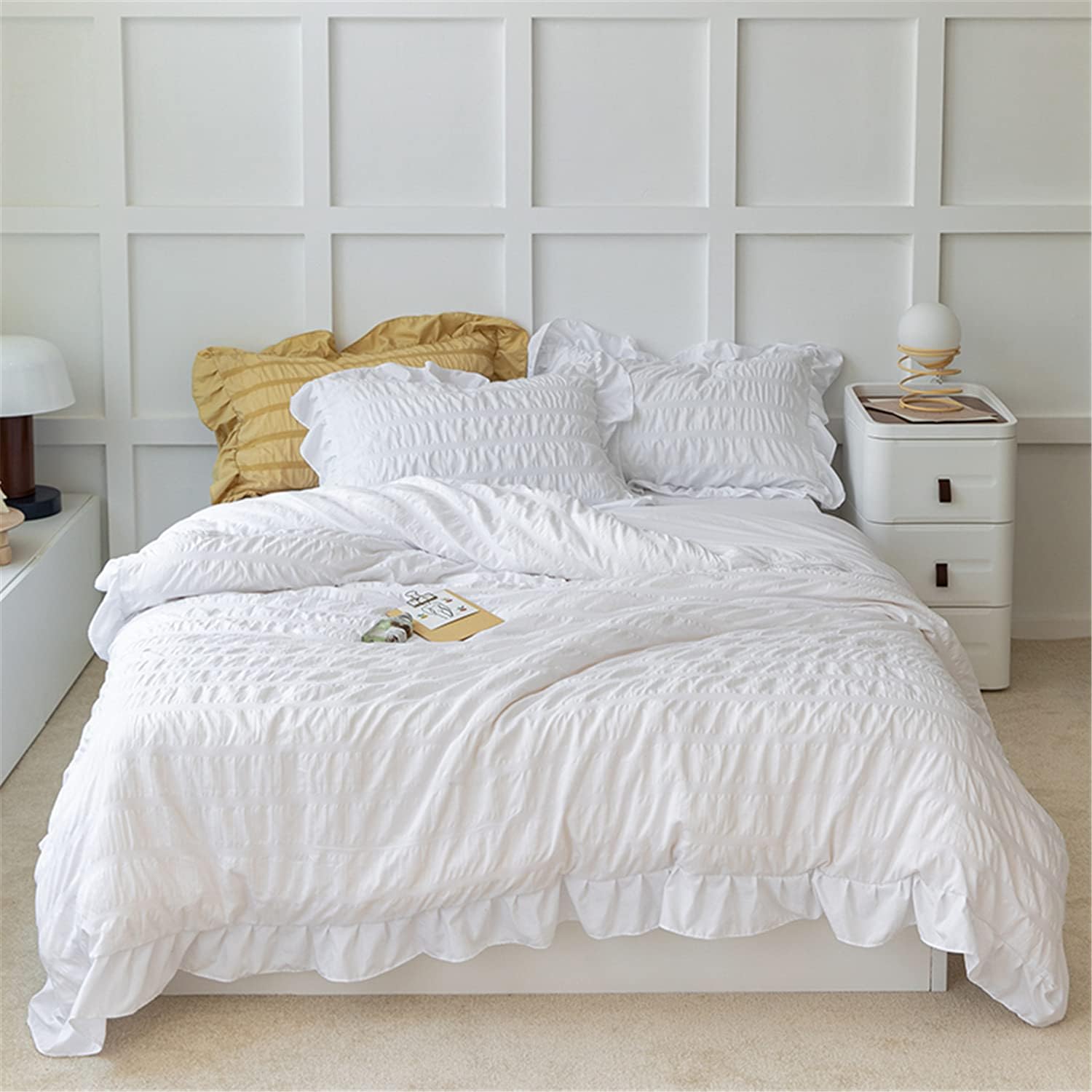 White Ruffled Duvet Cover Set 3 Piece Queen Seersucker Textured Stripe