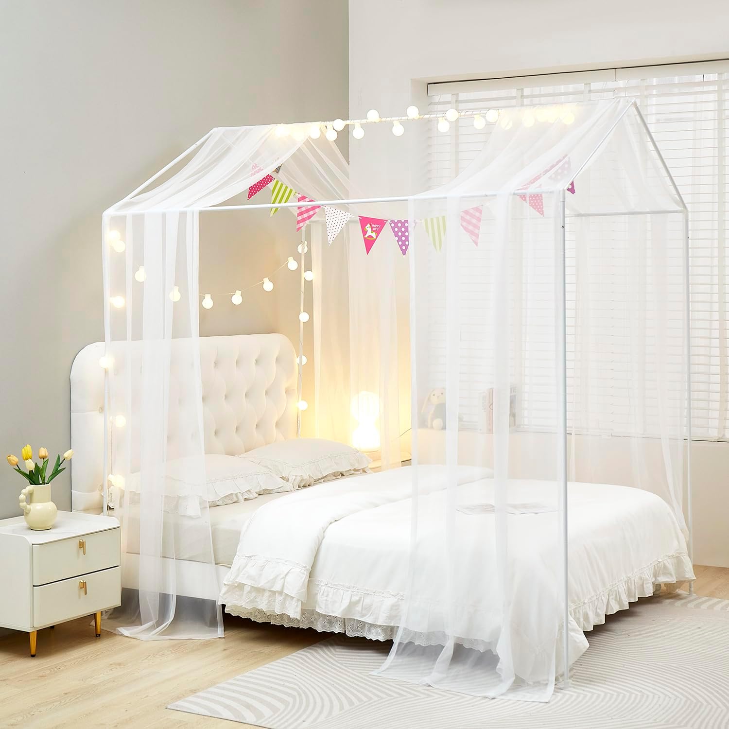 Mengersi Bed Canopy with Lights TwinTwin XL White