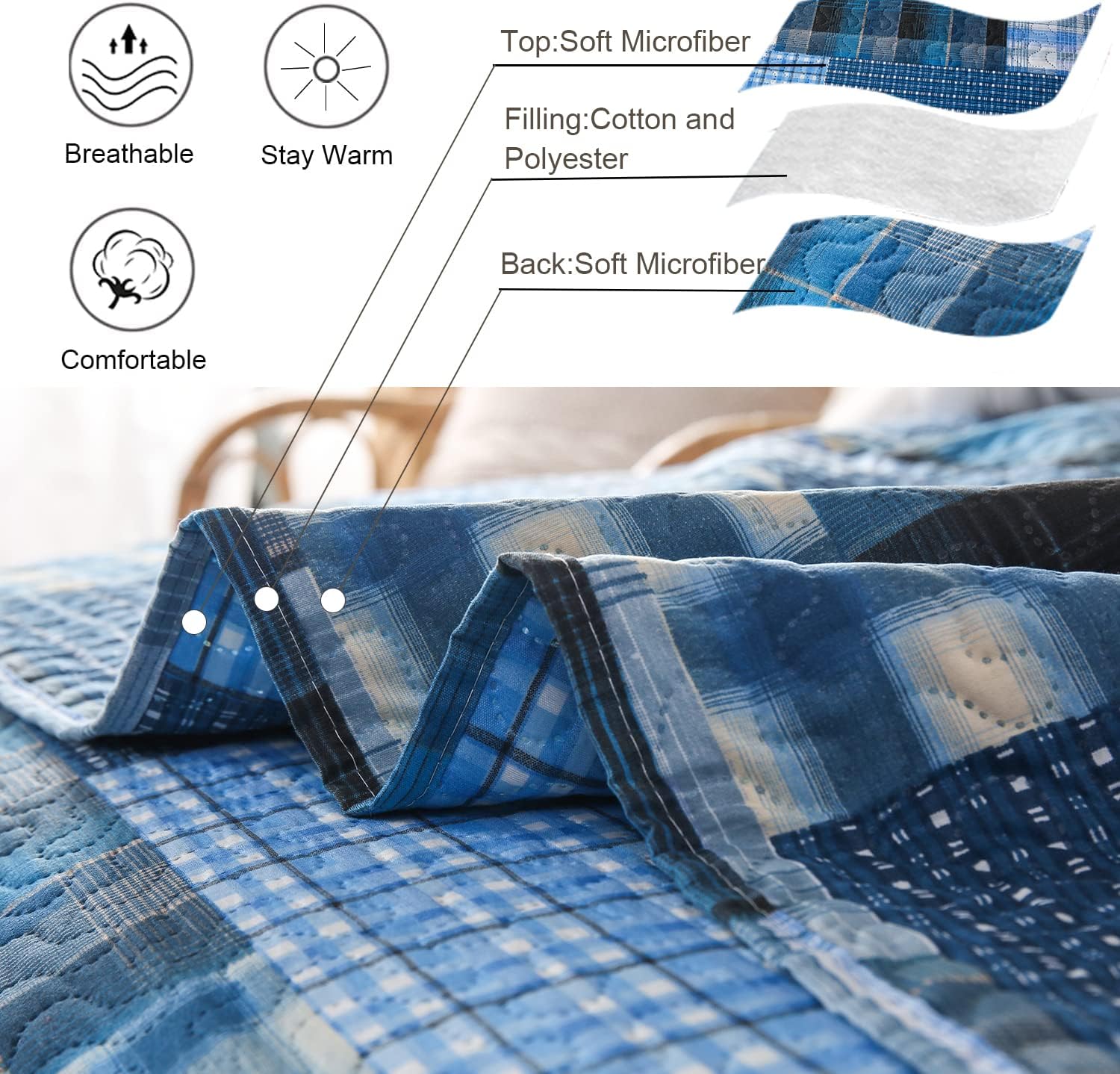 Jessy Home Queen Size Plaid Patchwork Quilt Set