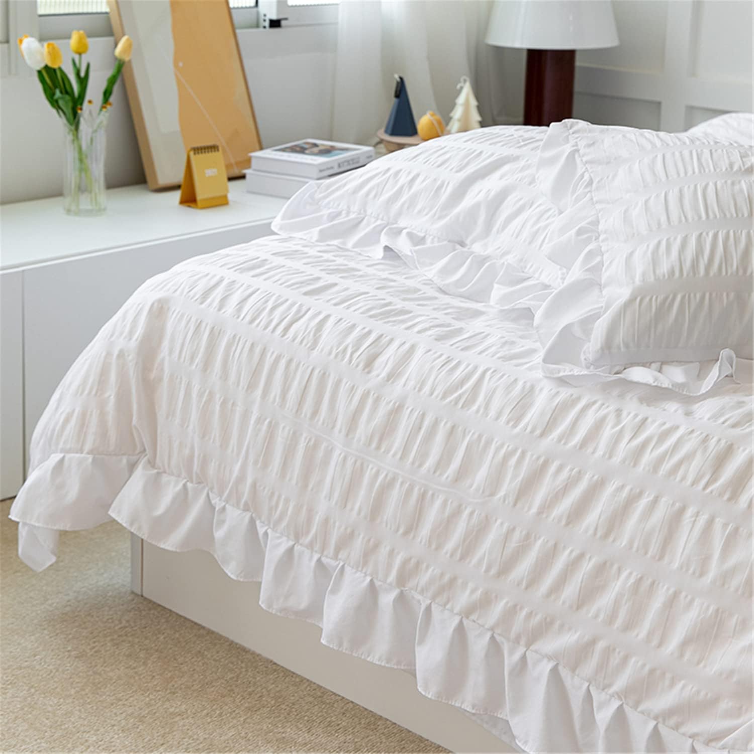 White Ruffled Duvet Cover Set 3 Piece Queen Seersucker Textured Stripe
