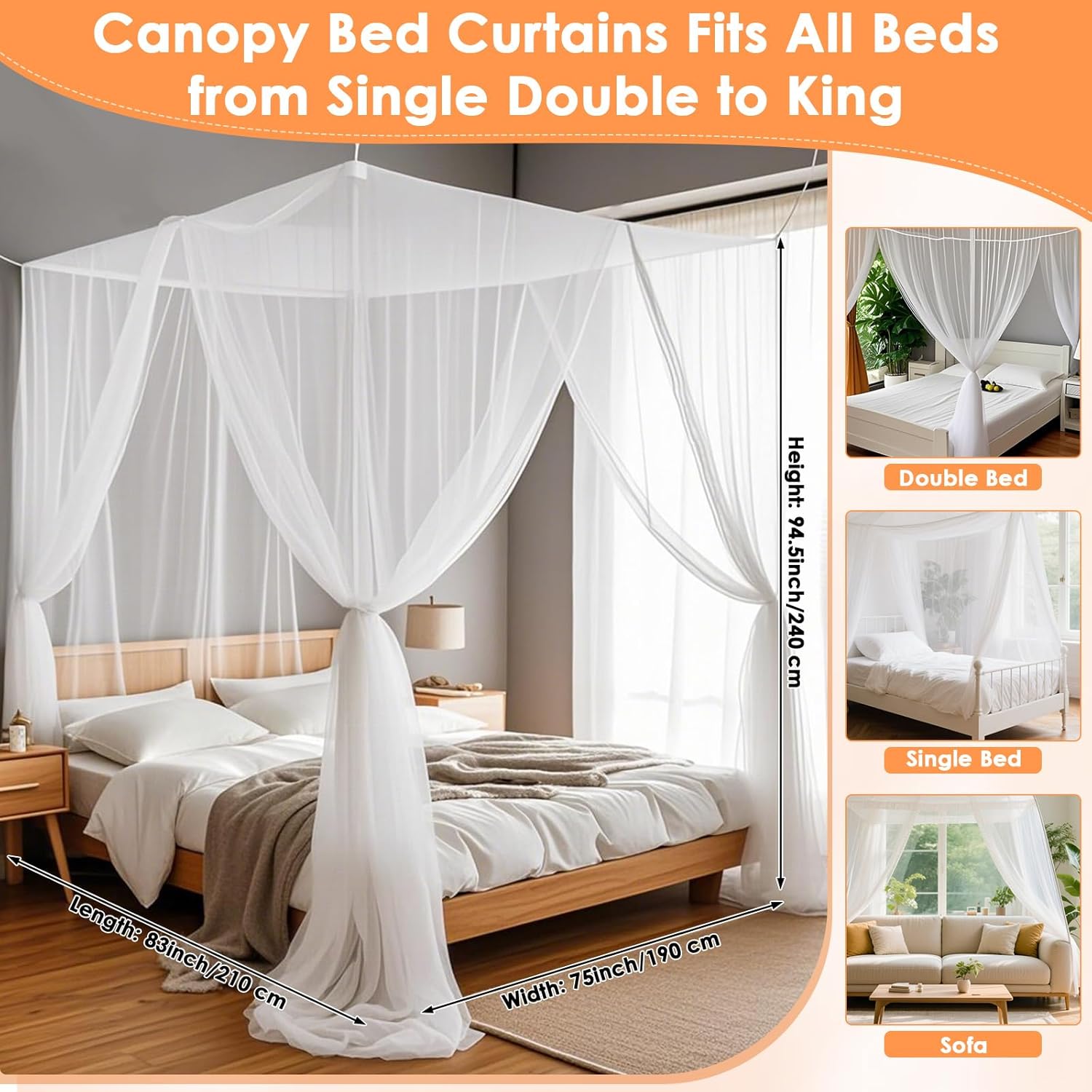 Qinzave 4 Corner White Canopy Bed Curtains