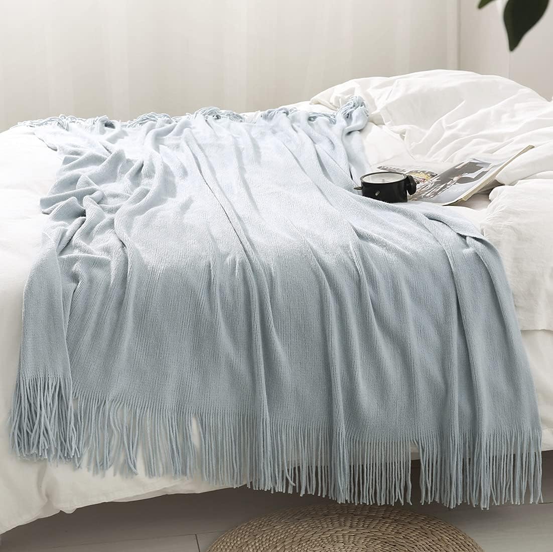 Homiest Light Blue Knitted Throw Blanket with Fringe 1