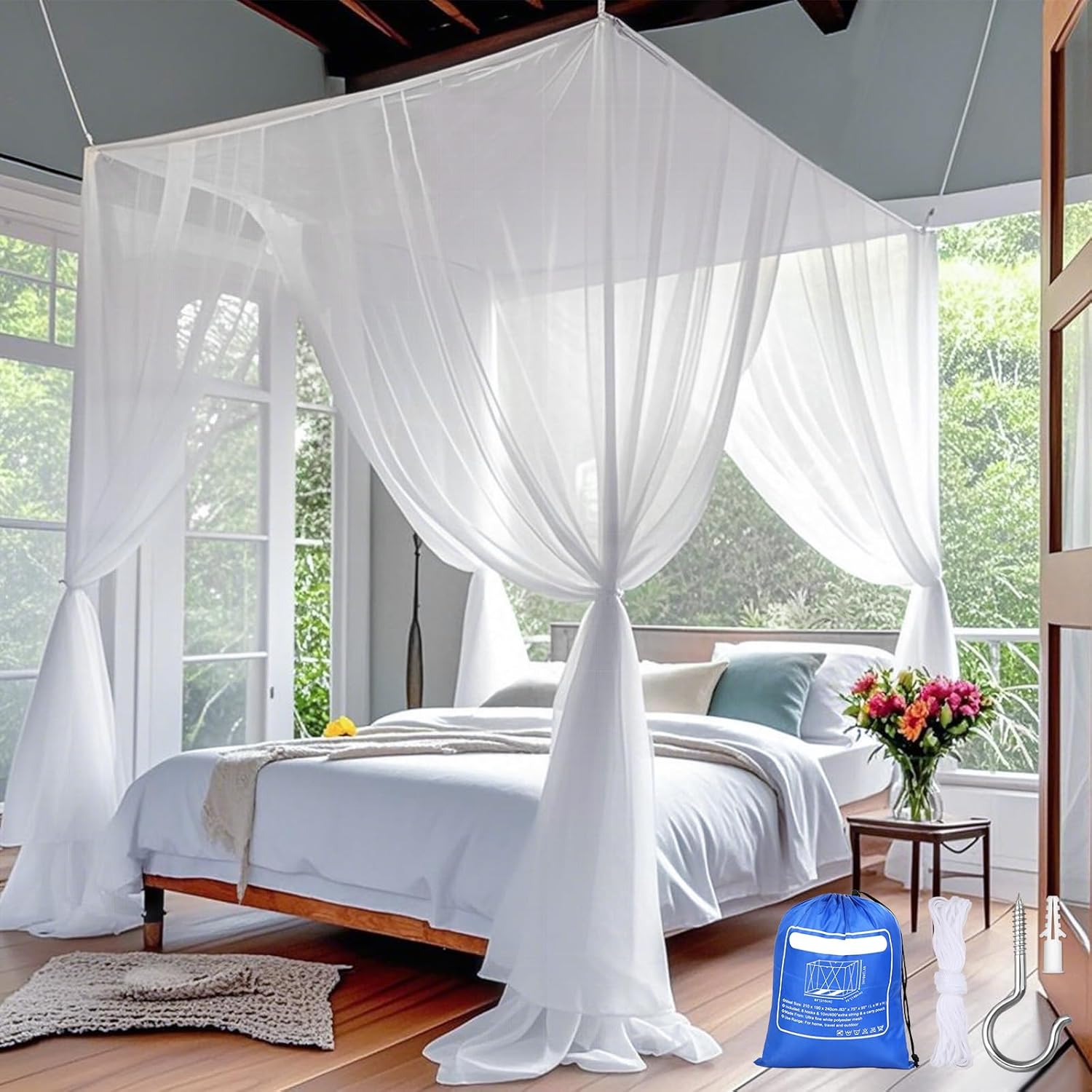 Qinzave 4 Corner White Canopy Bed Curtains