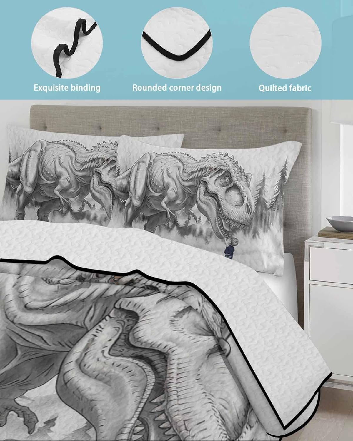 TocaHome Summer Quilt Twin XL 68x98 Inch Dinosaur Cartoon Bedding Set