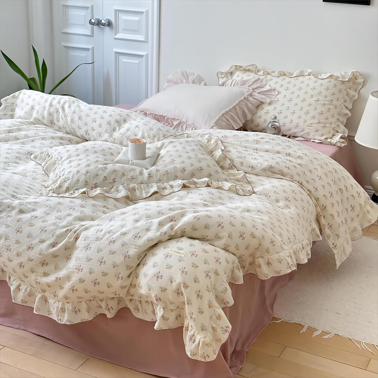 BuLuTu Cotton Muslin Duvet Cover Twin with Ruffles and Zipper