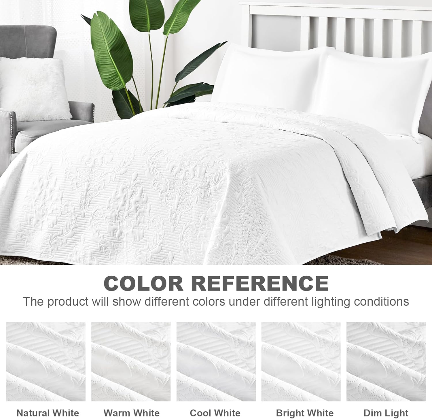 Hansleep White Quilt Queen Set - 3 Piece Damask Coverlet Bedding
