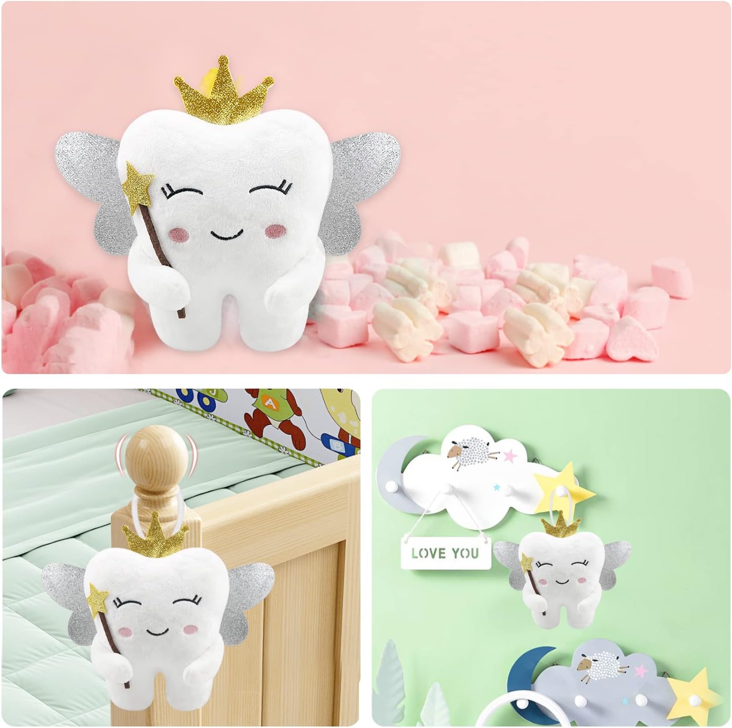 Tooth Fairy Pillow with Shiny Wings and Pockets