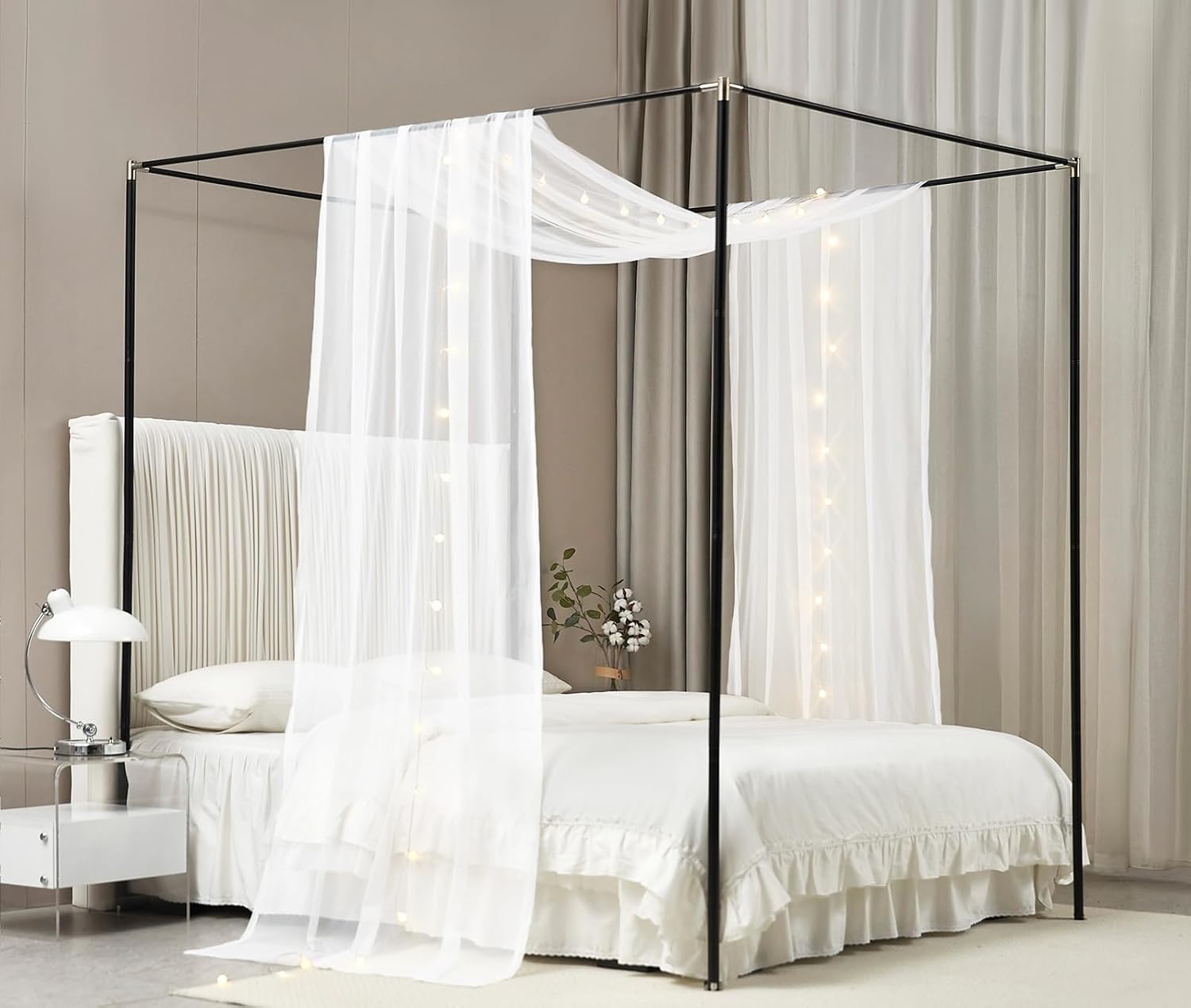 Akiky Canopy Bed Curtains with Round LED Light