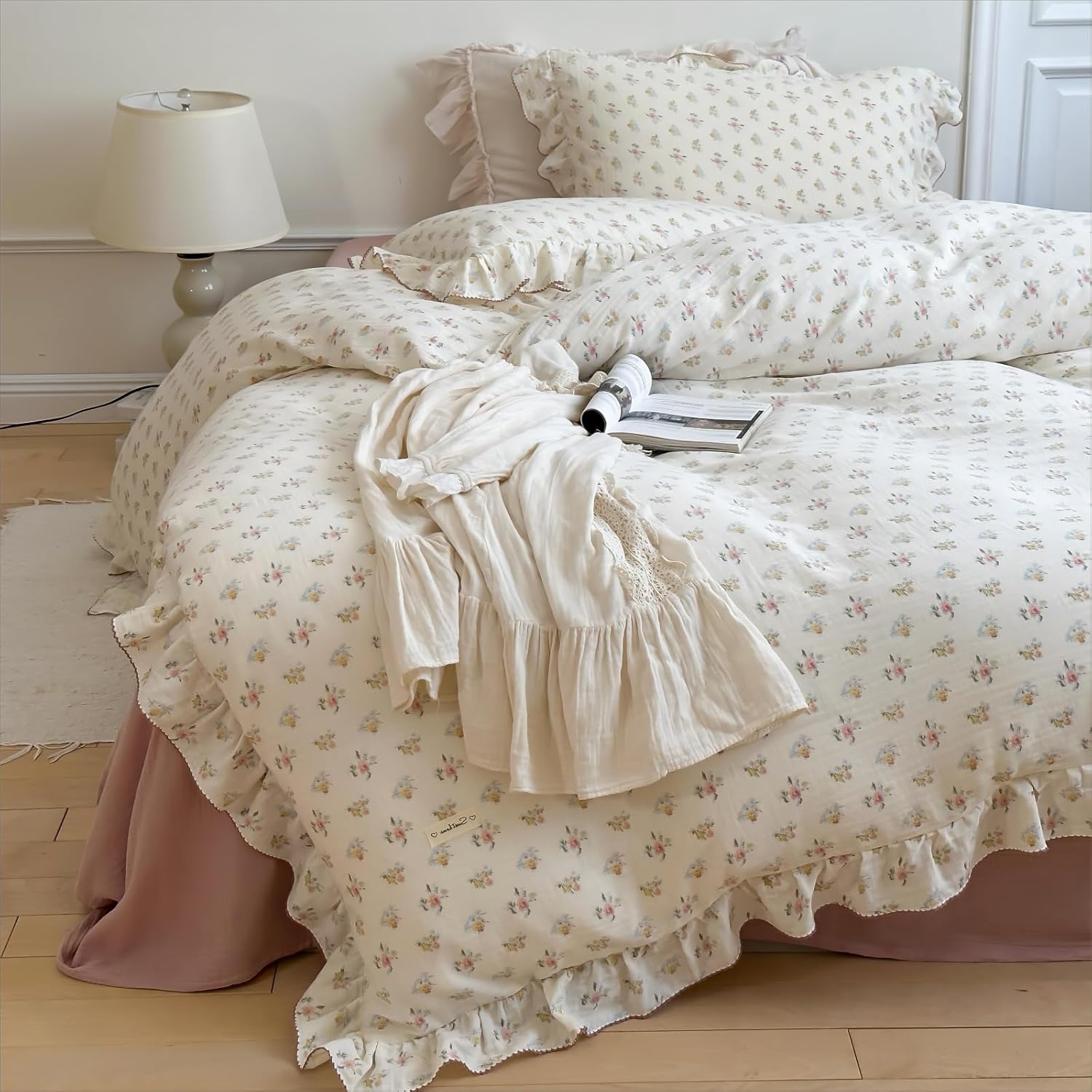 BuLuTu Cotton Muslin Duvet Cover Twin with Ruffles and Zipper