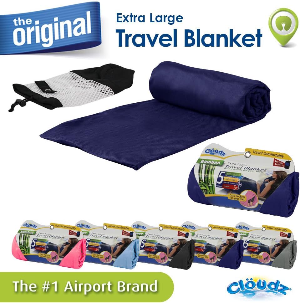 Cloudz Extra Large Travel Blanket with Foot Pockets and Travel Bag - Navy Blue